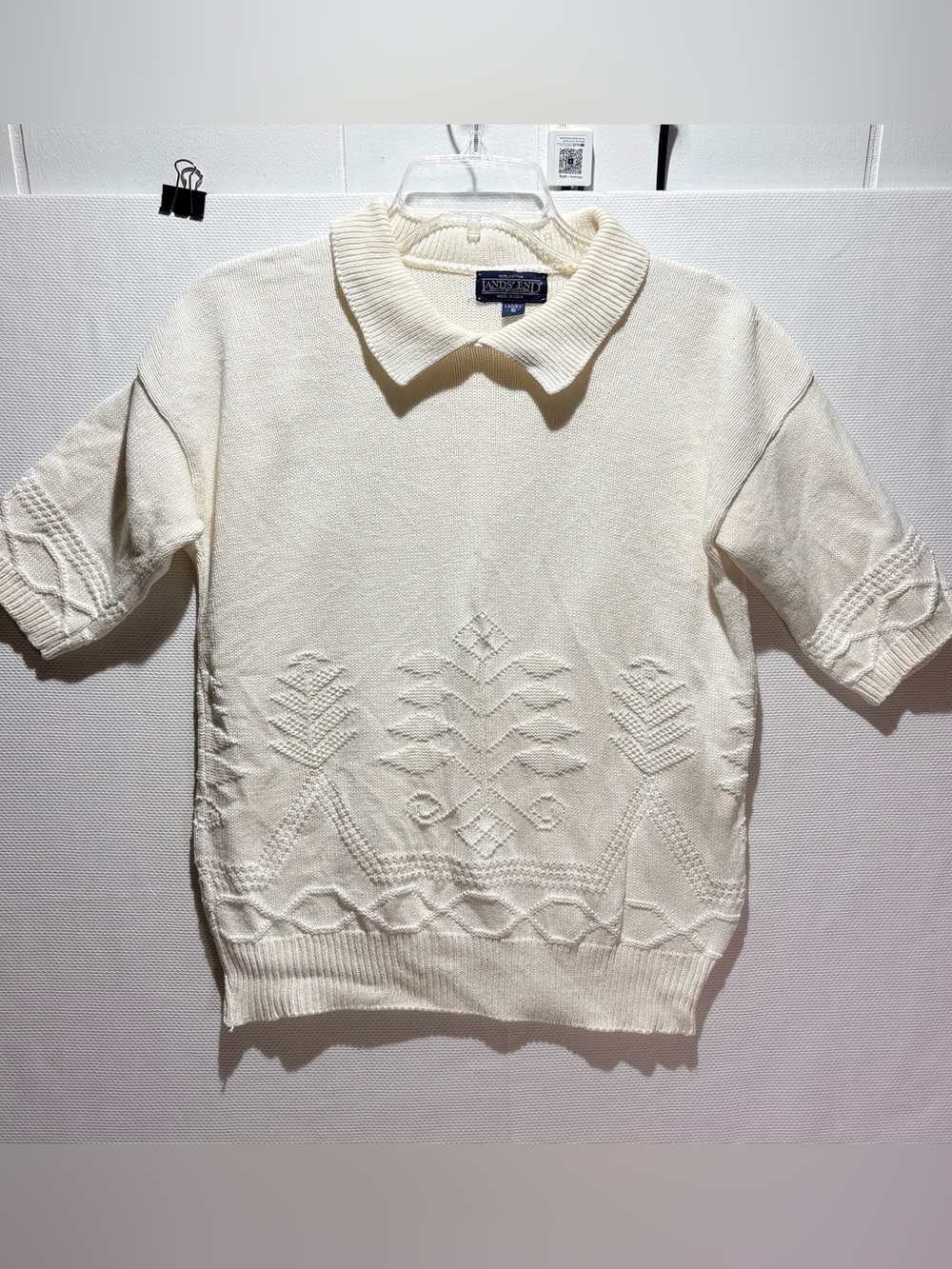 Vintage Lands' End Ivory Cable Jacquard Knit Short Sleeve Collared Sweater